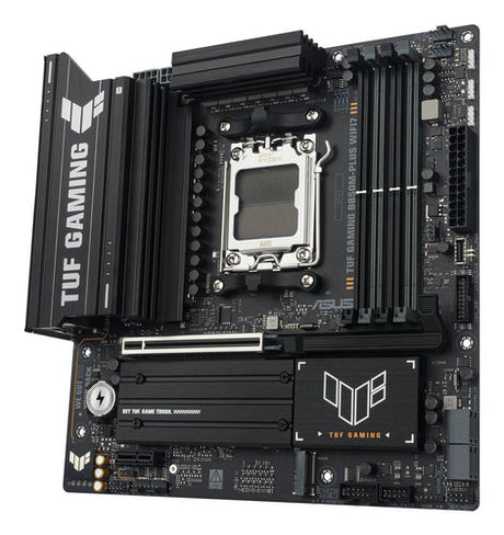 ASUS TUF GAMING B850M-PLUS WIFI7 – micro ATX AM5 bundkort – skråt ovenfra
