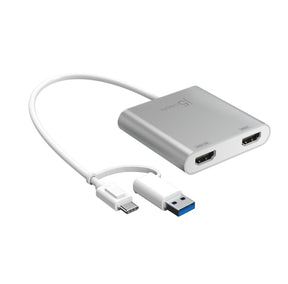 j5create JCA365 – USB-C til 2×HDMI-skærmadapter – sølvfarvet adapter med to HDMI-porte