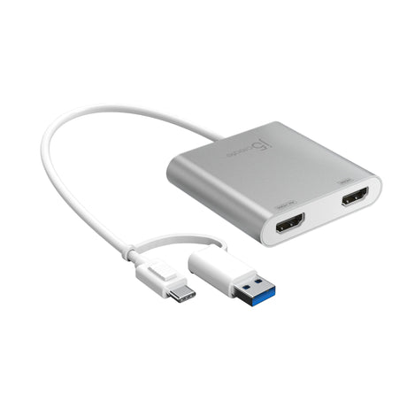 j5create JCA365 – USB-C til 2×HDMI-skærmadapter – sølvfarvet adapter med to HDMI-porte
