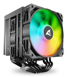 Sort Sharkoon A60 RGB dual-tower CPU-køler med to blæsere og oplyst frontblæser