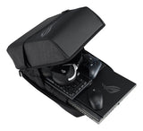 ASUS ROG Ranger 16 BP2501 rygsæk, sort – åbnet rygsæk med eksempel på gamingudstyr