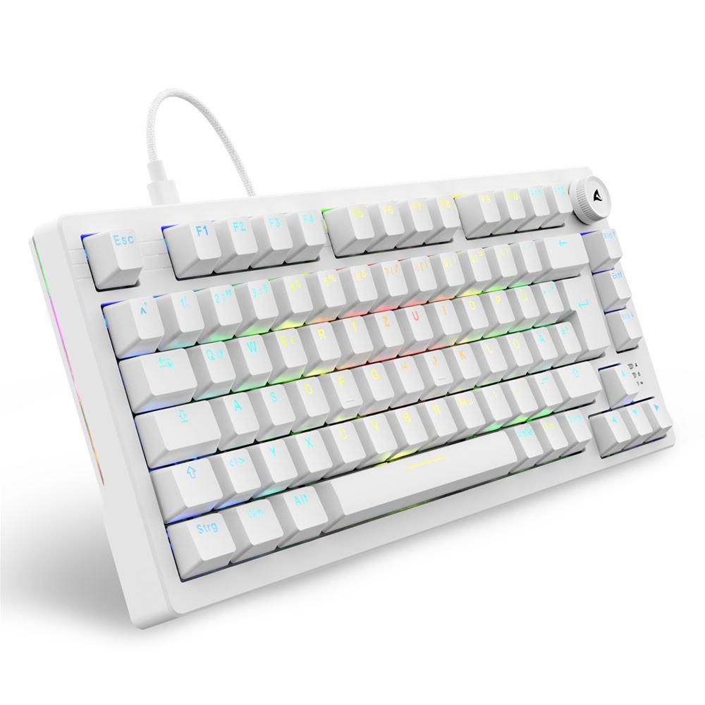 Hvidt Sharkoon SKILLER SGK25 gamingtastatur med tysk layout og volumendrejeknap