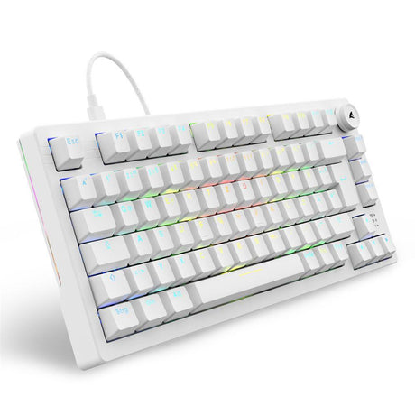 Hvidt Sharkoon SKILLER SGK25 gamingtastatur med tysk layout og volumendrejeknap