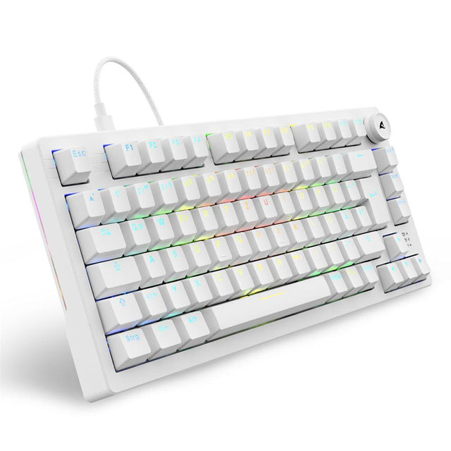 Hvidt Sharkoon SKILLER SGK25 gamingtastatur med tysk layout og volumendrejeknap