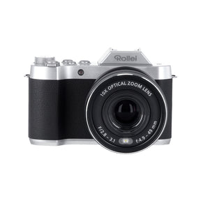 Rollei Powerflex 10x Retro – 10× optisk zoom – Front med sort hus og sølvfarvet top