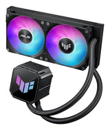 ASUS TUF Gaming LC III 240 ARGB – sort radiator og pumpe med lilla og blå lys set ovenfra