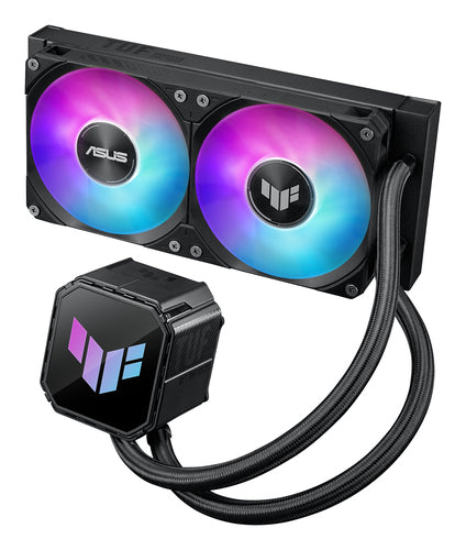 ASUS TUF Gaming LC III 240 ARGB – sort radiator og pumpe med lilla og blå lys set ovenfra