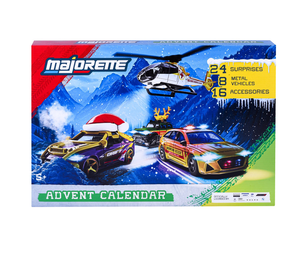 Majorette Mountain Rescue julekalender – 24 låger – kalender og viste indholdsdele
