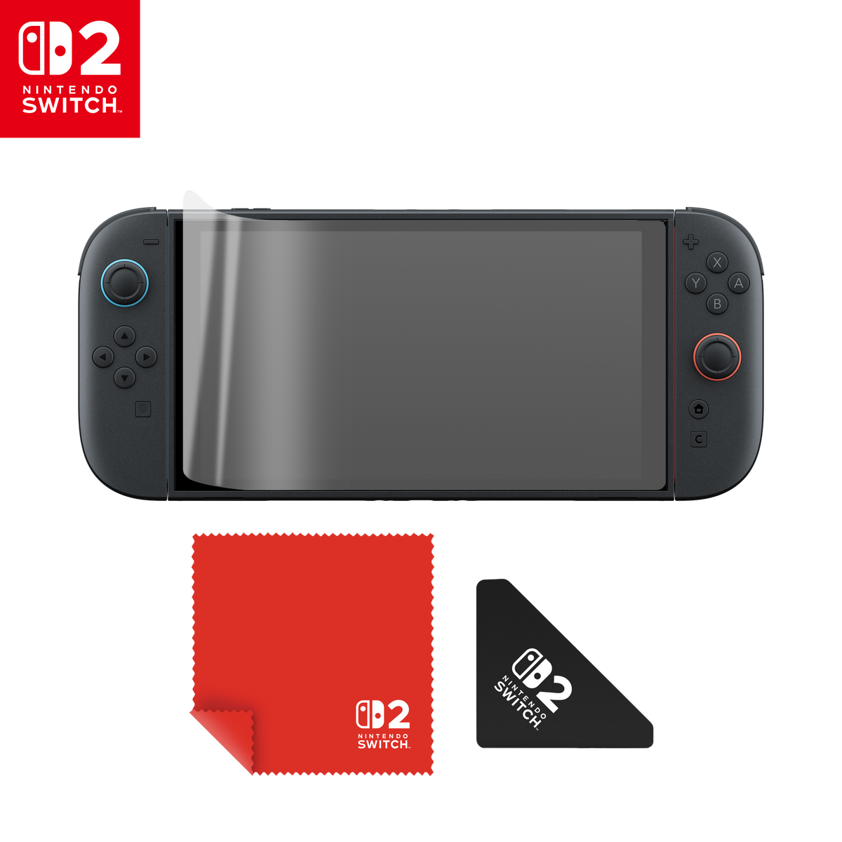 Turtle Beach Screen Protector Kit – Nintendo Switch 2 – 2 stk. – skærmbeskyttelse illustreret på konsol, klud og monteringsværktøj; konsol medfølger ikke