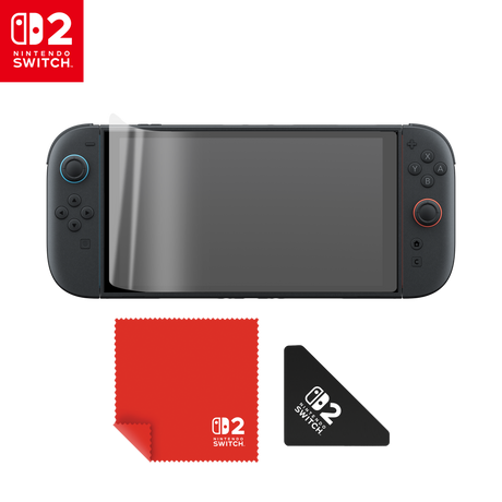 Turtle Beach Screen Protector Kit – Nintendo Switch 2 – 2 stk. – skærmbeskyttelse illustreret på konsol, klud og monteringsværktøj; konsol medfølger ikke