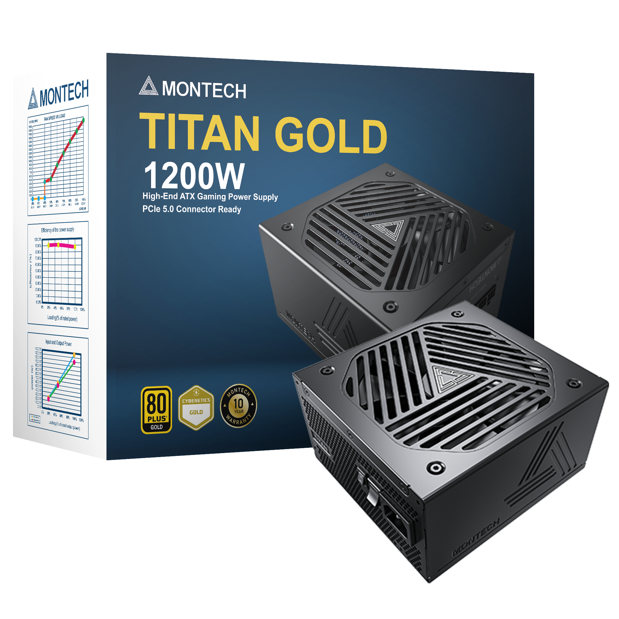 Montech Titan 1200W - Full Modulär, 80+ Guld & Cybenetics Gold, ATX 3.0, 12VHPWR-kontakt
