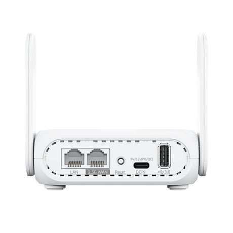Hvid ASUS RT-BE58 Go rejserouter – bagside med WAN-, LAN- og USB-porte