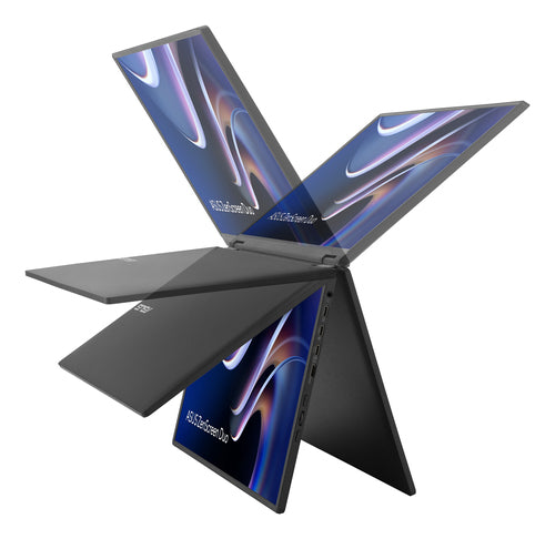 ASUS ZenScreen Duo MB14FCD – foldemekanisme og skærmenes mulige positioner