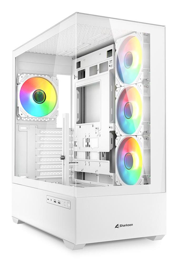 Hvidt Sharkoon AK6 RGB kabinet med glas og fire belyste blæsere
