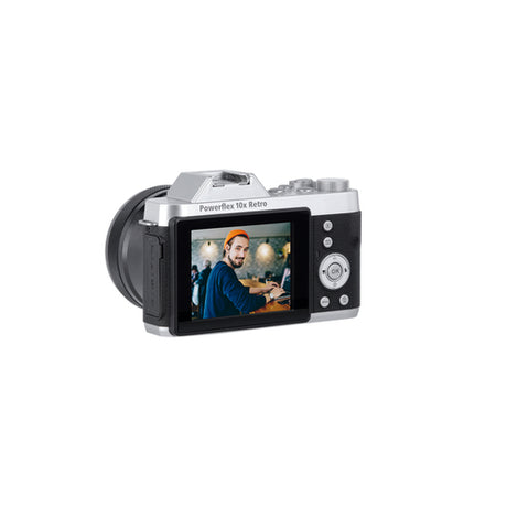 Rollei Powerflex 10x Retro – 10× optisk zoom – Bagside og betjeningsknapper i skrå vinkel