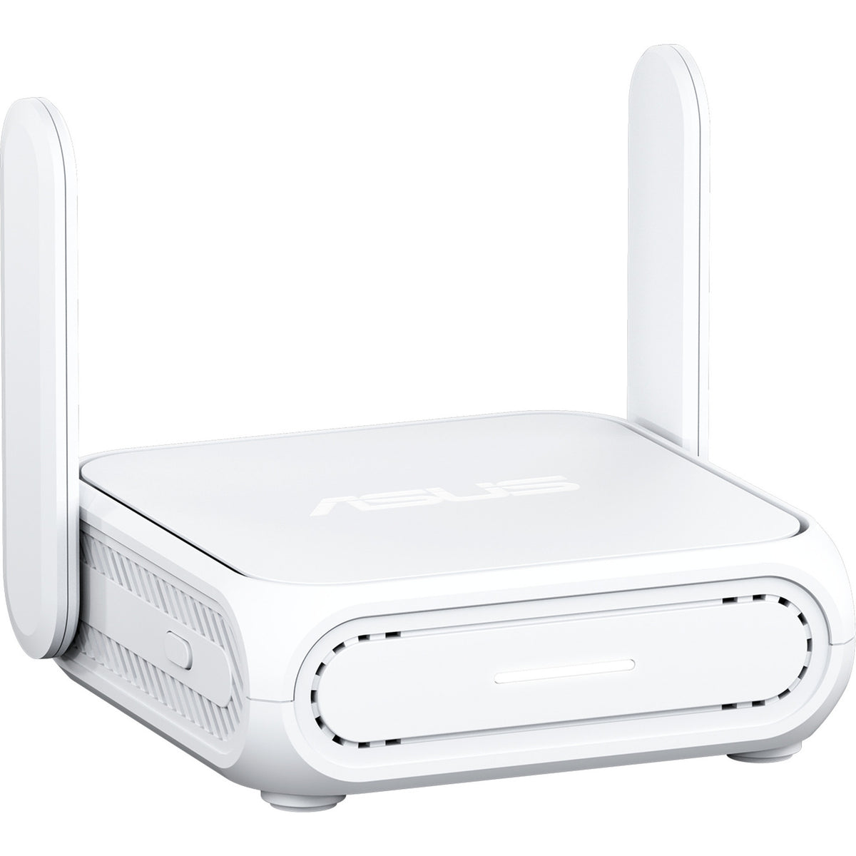 Hvid ASUS RT-BE58 Go rejserouter – skråt forfra med antennerne oppe