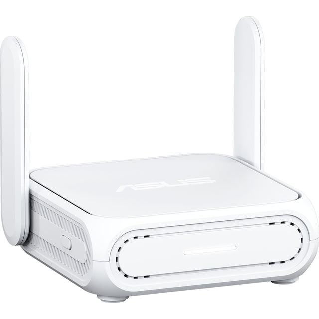 Hvid ASUS RT-BE58 Go rejserouter – skråt forfra med antennerne oppe