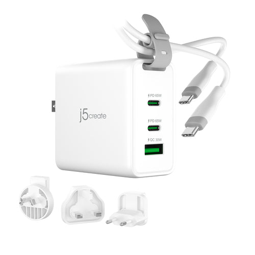 j5create – 65 W GaN USB-rejseoplader med stikadaptere – Rejseoplader med kabel og stikadaptere