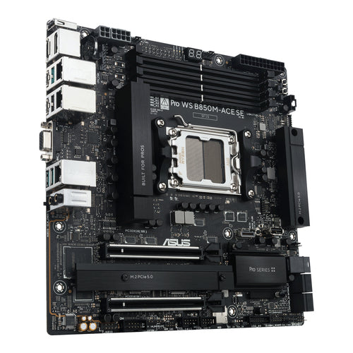 ASUS Pro WS B850M-ACE SE – bundkort set skråt forfra med køleprofiler