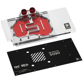 Barrow BS-ASA5090-PA B GPU-vandblok med transparent top og sort backplate – illustrative fittings og rød væske