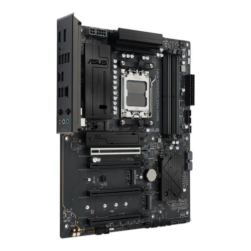 ASUS B850 MAX Gaming WiFi – bundkort og tilslutninger set skråt