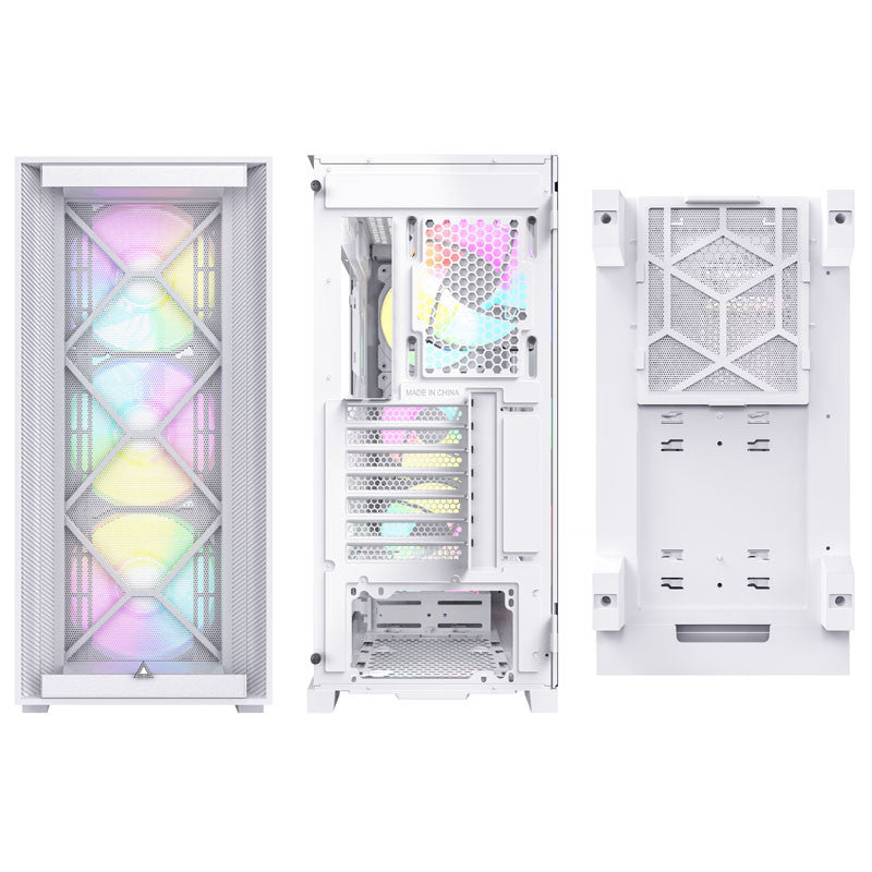 Montech Air 1000 Premium White - Midi Tower, Härdat Glas, 3x 140mm+120mm ARGB-fläkt, 2x Frontpaneler