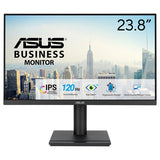 ASUS VA249QGSE set forfra med producentens oplysninger om IPS og 120 Hz
