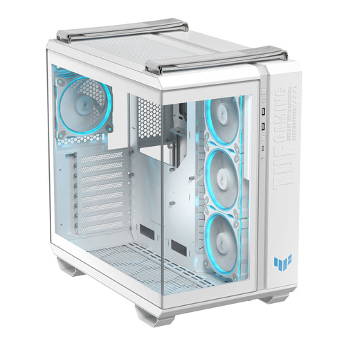 ASUS TUF Gaming GT502 Horizon ARGB – hvidt kabinet set fra modsatte side med lys