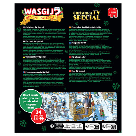 Wasgij Christmas TV Special julekalender 2026 – 24 × 54 brikker – emballagens bagside
