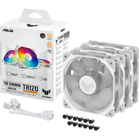 ASUS TUF Gaming TR120 ARGB Reverse – Hvid 3-pak med emballage, blæsere og tilbehør