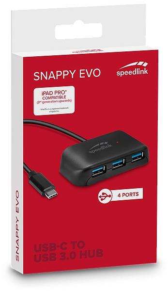 SpeedLink SNAPPY EVO USB Hub, 4-portar, Type-C Till USB 3.0, Svart