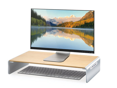 j5create JCT425-N – skærmstativ i træ med USB-C-dock – Skærm og tastatur som brugseksempel