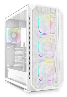 Hvidt Sharkoon AK5M RGB kabinet med meshfront, glasside og fire ARGB-blæsere