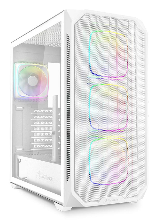 Hvidt Sharkoon AK5M RGB kabinet med meshfront, glasside og fire ARGB-blæsere