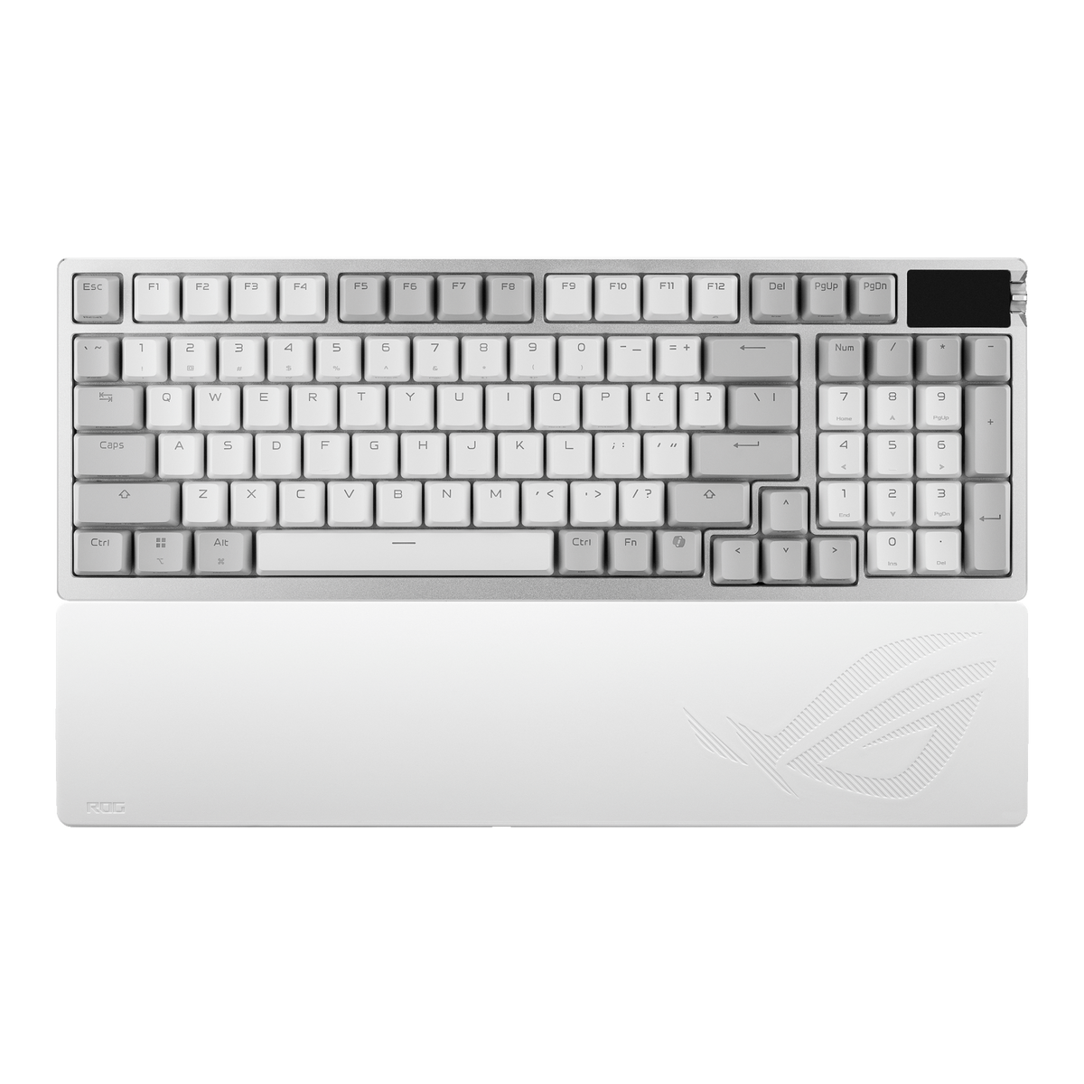 Hvidt ASUS ROG Azoth 96 HE med håndledsstøtte – producentbillede med internationalt layout