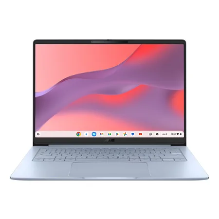ASUS Chromebook CM14 i Blue Aura med åben skærm; tastaturlayout er illustrativt