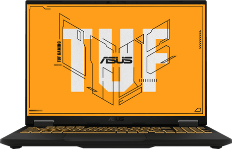 ASUS TUF Gaming A16 FA608UM, åben set forfra med orange skærmmotiv