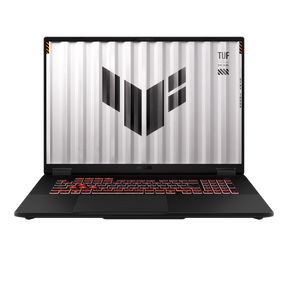 ASUS TUF Gaming A18 i grå med åben skærm; tastaturlayout er illustrativt