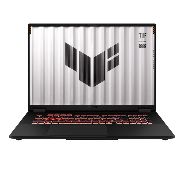 ASUS TUF Gaming A18 i grå med åben skærm; tastaturlayout er illustrativt