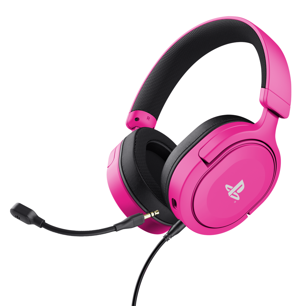 Trust GXT 498P Forta – lyserødt gamingheadset til PS5 og PS4 – set skråt fra siden