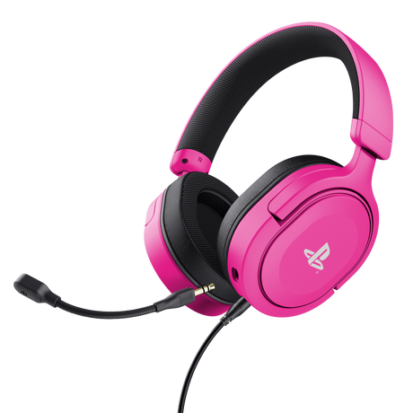 Trust GXT 498P Forta – lyserødt gamingheadset til PS5 og PS4 – set skråt fra siden