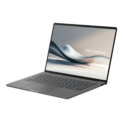 ASUS Zenbook A14 UX3407QA-QD496W – set skråt forfra; tastaturlayout illustrativt