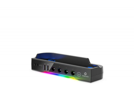 Sort Oniverse-multifunktionsstander til Nintendo Switch 2 – set skråt med RGB-belysning