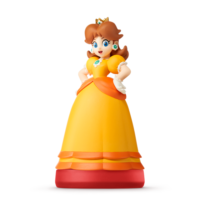 Daisy amiibo i gul og orange kjole på rød sokkel