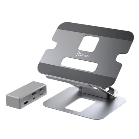 j5create – justerbart laptopstativ med 4K USB-C-dock – Stativets støtteflade