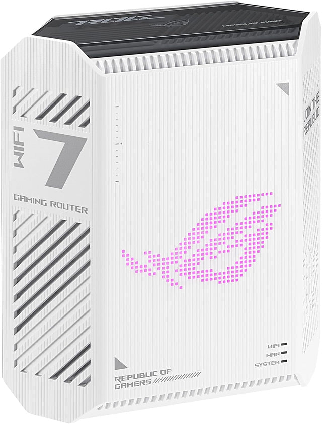 ASUS ROG Strix GS-BE7200 – hvid router med ROG-logo set skråt