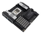 ASUS PRO WS WRX90E-SAGE SE set skråt ovenfra med sTR5-sokkel og PCIe-pladser