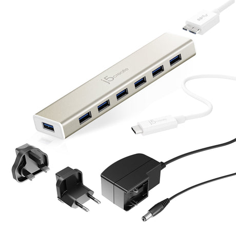 j5create JCH377 – USB-C-hub med 7 USB-A-porte – EU/UK – Hub og medfølgende strømforsyning