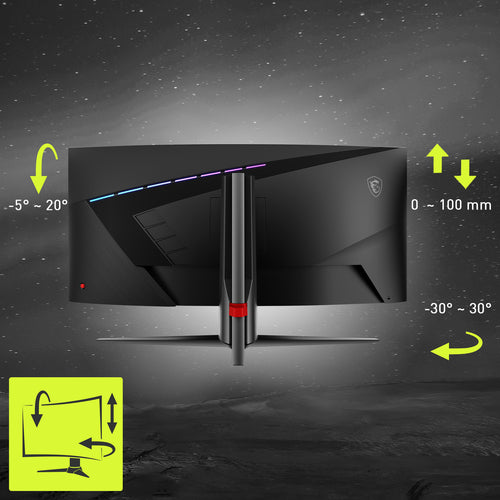 MSI MAG 345CQRDE – 34″ ultrawide-gamingskærm, 180 Hz – højde og vinkler illustreret