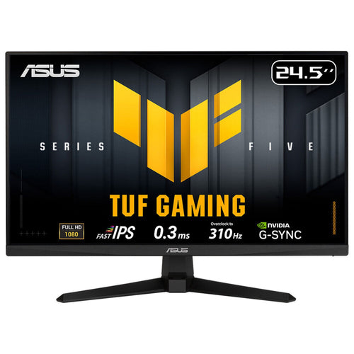 ASUS TUF Gaming VG259QMR5A frontvisning med TUF Gaming-grafik